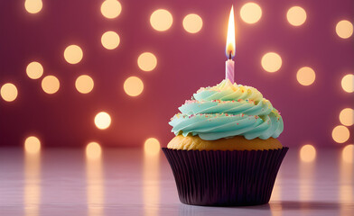 Cupcake crowned with a single flickering candle, minimalist backdrop, pastel palette, sharp focus on the flame and wax details, soft bokeh effect background. Generative AI