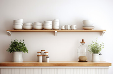 Fototapeta na wymiar Scandinavian minimalist design in interior of apartment, flat for rent or sale and home blog. Modern plates and cups, kitchen utensils, potted plants on wooden shelves, on light wall, empty space