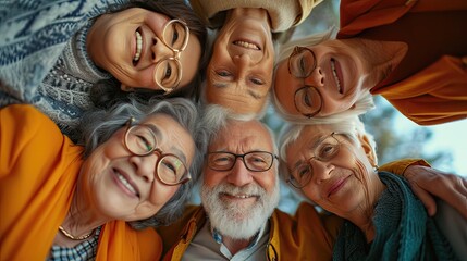 Group of joyful seniors in a circle looking down at the camera, smiling.