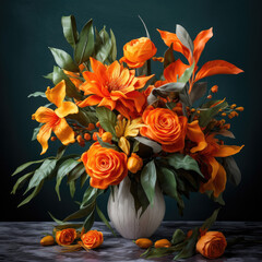 Vibrant Orange Flower Bouquet with Lush Greenery in Studio
