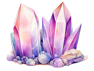 Watercolor illustration of a crystal. The polycrystal is blue-purple-pink in color.