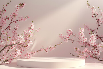 Round podium platform stand for product presentation and Pink Cherry Blossoms Surrounding Round Podium on pastel background