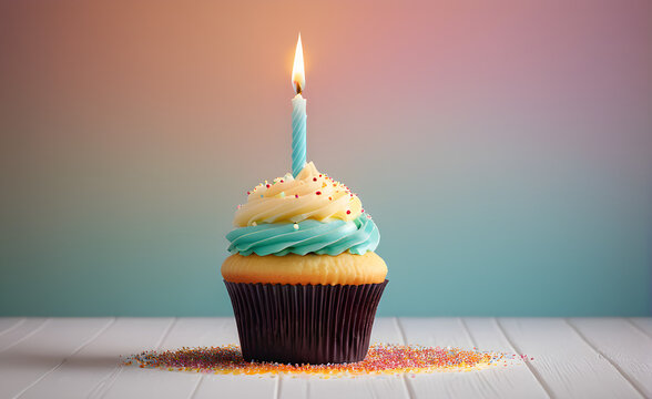 Cupcake crowned with a single flickering candle, minimalist backdrop, pastel palette, sharp focus on the flame and wax details, soft bokeh effect background. Generative AI