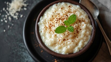 Rice pudding in bowl on dark background