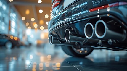 Sporting car's dual exhaust tip muffler pipe in up-close, with the dealership in the backdrop, space, Generative AI. - obrazy, fototapety, plakaty