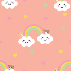 Seamless pattern with cute cartoon bears, rainbows and smiling clouds for fabric print, textile, gift wrapping paper. children's colorful vector, flat style