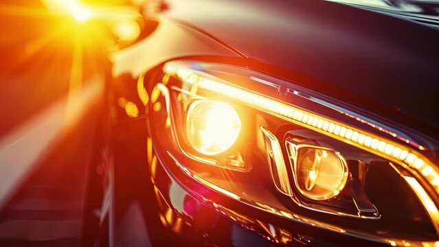 A closeup of a cars headlights against the setting sun their beams shining and reflecting on the shiny surface of the hood.