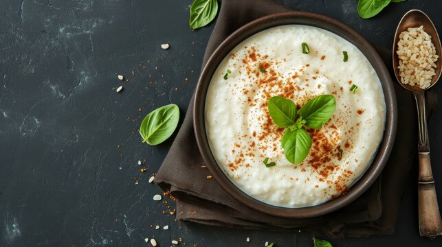 Rice pudding in bowl on dark background