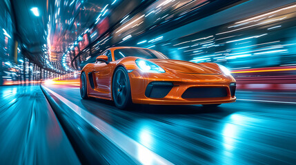 Racing sports car on neon highway. Powerful acceleration of a supercar on a night track with colorful lights and tracks. Blur at high speed. The light trail from the headlights. - obrazy, fototapety, plakaty