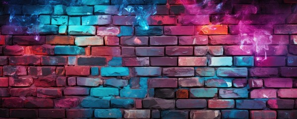 Urban artistry meets rustic charm in this abstract neon pink and blue painted colored damaged brick wall, Ai Generated.
