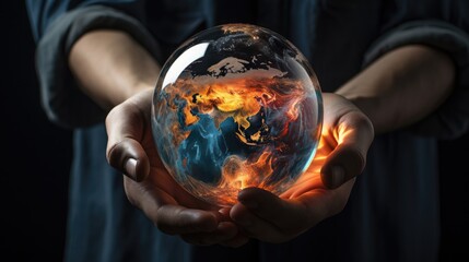 The Earth globe melting away in human hands, a poignant symbol of environmental crisis, Ai Generated