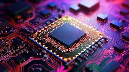 Obraz premium Colorful backdrop accentuates the digital AI chip's significance, Ai Generated