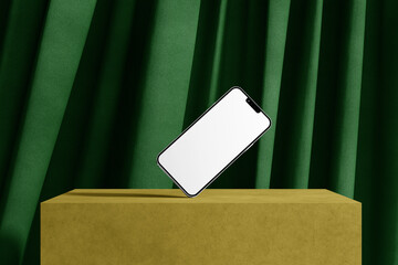 3d phone mockup with curtains green background