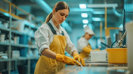 A focused young woman in a white shirt and yellow apron cleaning in a commercial kitchen.