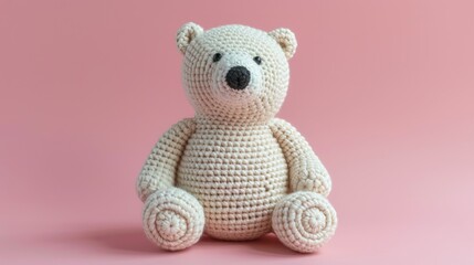Obraz premium Crocheted polarbear toy vibrant backdrop, handcrafted and adorable, Ai Generated