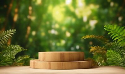 Wooden product display podium with blurred nature leaves background. 3D rendering