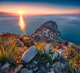 Fantastic sunrise of Zafferano cape. Incredible spring seascape of Mediterranean sea, Sicily,...