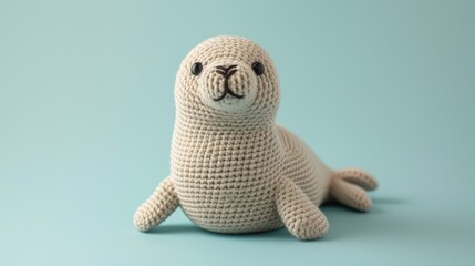 Crocheted seal toy vibrant backdrop, handcrafted and adorable, Ai Generated