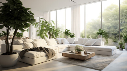 Spacious Elegance: White Living Area with Large Windows and Green Accents