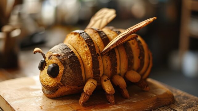 Unique bread loaf resembling an bee resting on a wooden table, Ai Generated