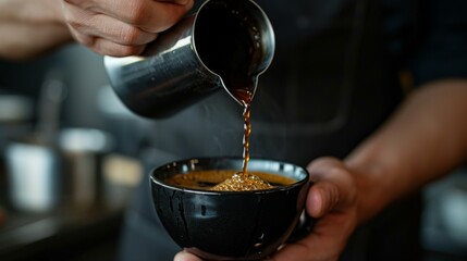 Fototapeta na wymiar A hand in a black apron stretches a cup of coffee