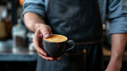 A hand in a black apron stretches a cup of coffee
