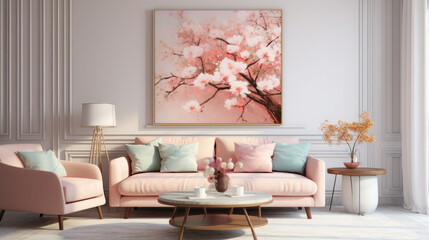 Elegant Spring Bloom: Modern Living Room with Pastel Floral Designs