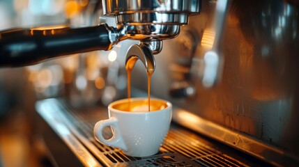 Espresso pouring from coffee machine at cafe