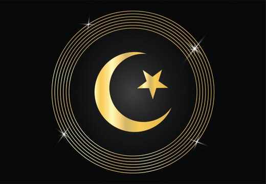 The star and crescent moon symbol of islam islamic icon for mosque or Ramadan banner, with night sky vector, gold shiny stars