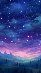 Hand drawn cartoon beautiful night sky scenery illustration background

