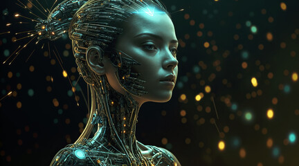 A woman with a futuristic, technological appearance. AI
