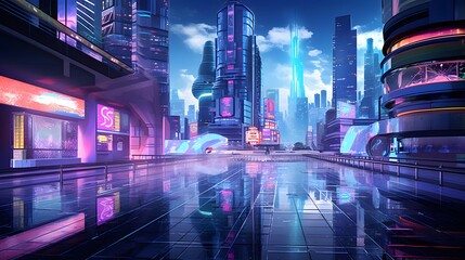 Fototapeta na wymiar 3D rendering of a futuristic city at night with neon lights.