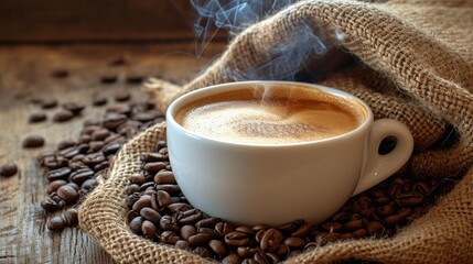 Cup of coffee with smoke and coffee beans in burlap sack on coffee