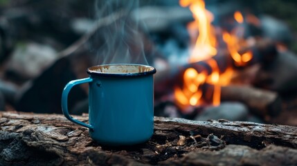 A blue cup of steaming hot coffee lies on an old log near an outdoor campfire