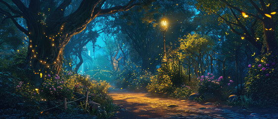 Enchanted forest pathway with glowing fireflies and streetlight. Fantasy and magic.