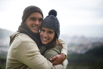 Couple, portrait and happy outdoor with hug for bonding, love and relationship with travel or...