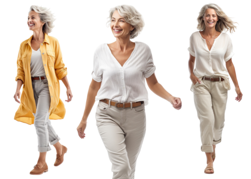 Set of stylish, happy, mature women walking, cut out
