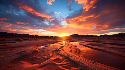Panoramic view of sunset over the sand dunes in the desert