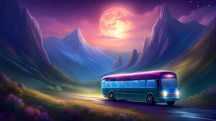 Fototapeta na wymiar A bus travelling through the mountains at night. 