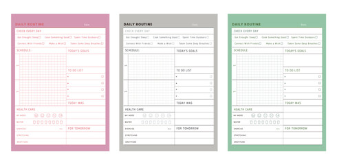 set of 3 Daily Routine planner. (Fashion) Minimalist planner template set. Vector illustration.	 - obrazy, fototapety, plakaty