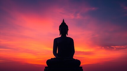 Silhouette of a Buddha statue against a vibrant sunset sky with dramatic clouds.