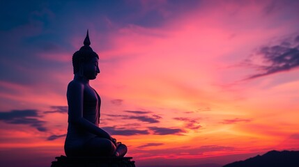 Silhouette of a Buddha statue against a vibrant sunset sky with dramatic clouds.