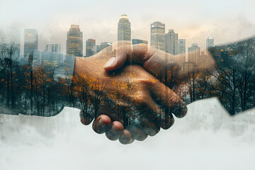 Two business men shaking hands against a blurred city skyline. Created with generative AI.