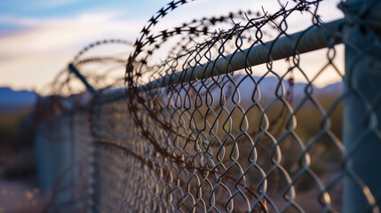 Sunset Hues Behind Barbed Chain-Link Fence