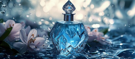 A blue diamond crystal glass perfume bottle with macro view. Generated AI image