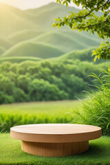 Fototapeta na wymiar Plain wooden podium for product with green landscape background - Product showing