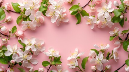 Top view apple flowers kept in a light pink backdrop decorated like a frame with a big copy space inside it for text or product, Generative AI.