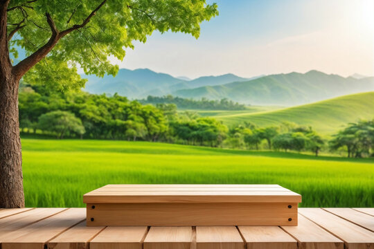 Plain wooden podium for product with green landscape background - Product showing