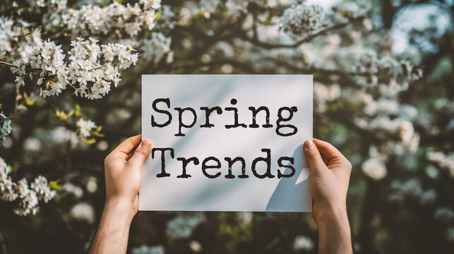 Holding white paper sheet with text Spring Trends, on black background