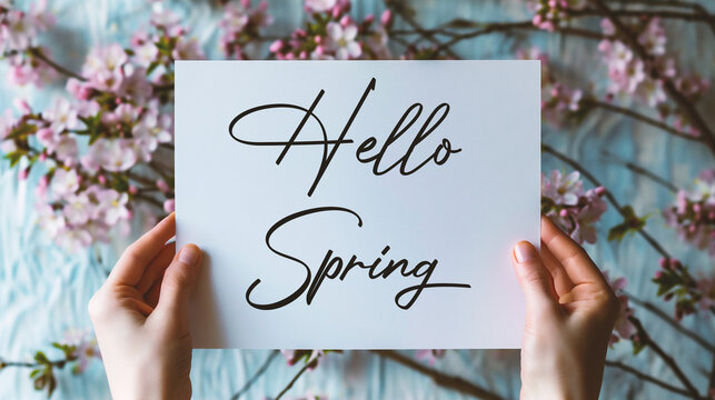 Hello Spring. Hello spring card with woman hands holding a white sheet of paper with spring blossom background